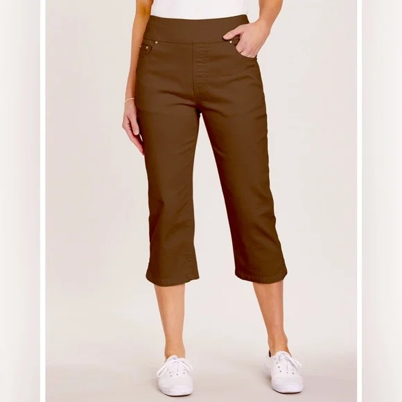 brown capri dress pants Larry Levine 90's Brown Pants With White Pinstripe Capri Length Pants   Designers On A Dime